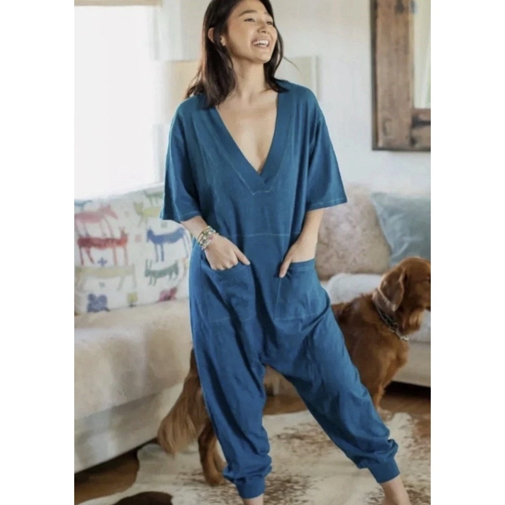 Natural Life Jumpsuit Women S Blue Cotton V-Neck Harem Jogger